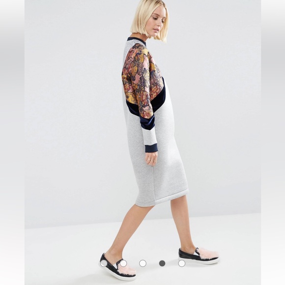 NWT ASOS WHITE Gray Sweat Midi Dress With Floral Jacquard and Velvet Insert - Picture 3 of 11
